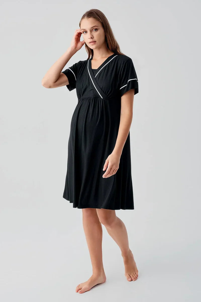 Double Breasted Maternity Feeding-Friendly Nightgown & Robe Set Black - S16402