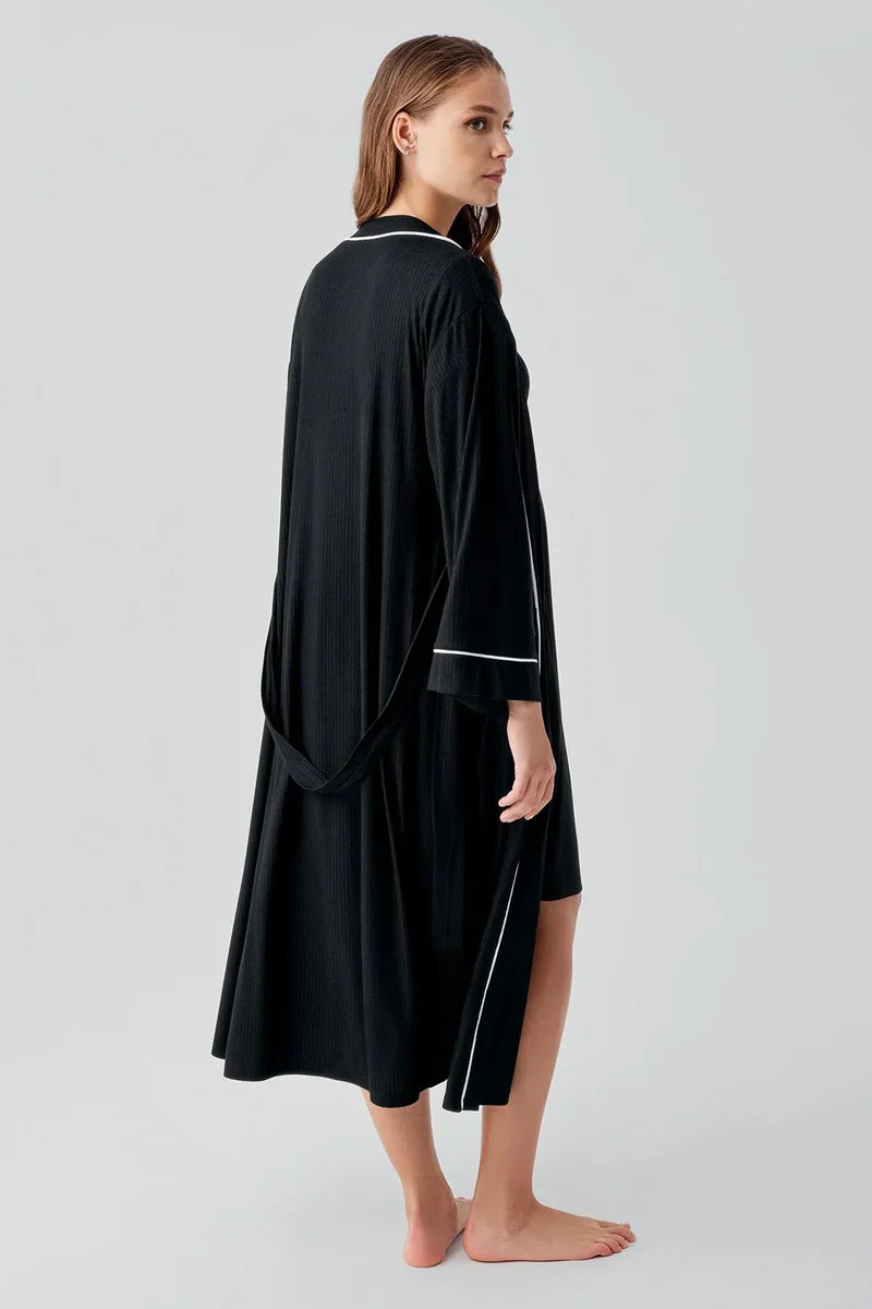 Double Breasted Maternity Feeding-Friendly Nightgown & Robe Set Black - S16402