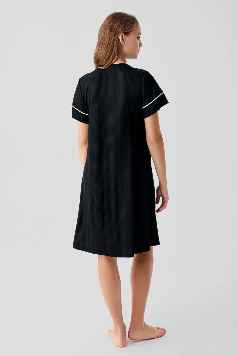 Double Breasted Maternity Feeding-Friendly Nightgown & Robe Set Black - S16402