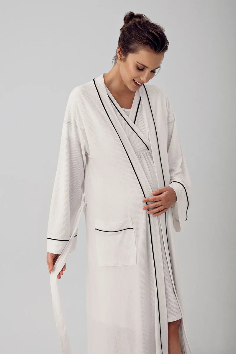 Double Breasted Maternity Feeding-Friendly Nightgown & Robe Set Ecru - S16402