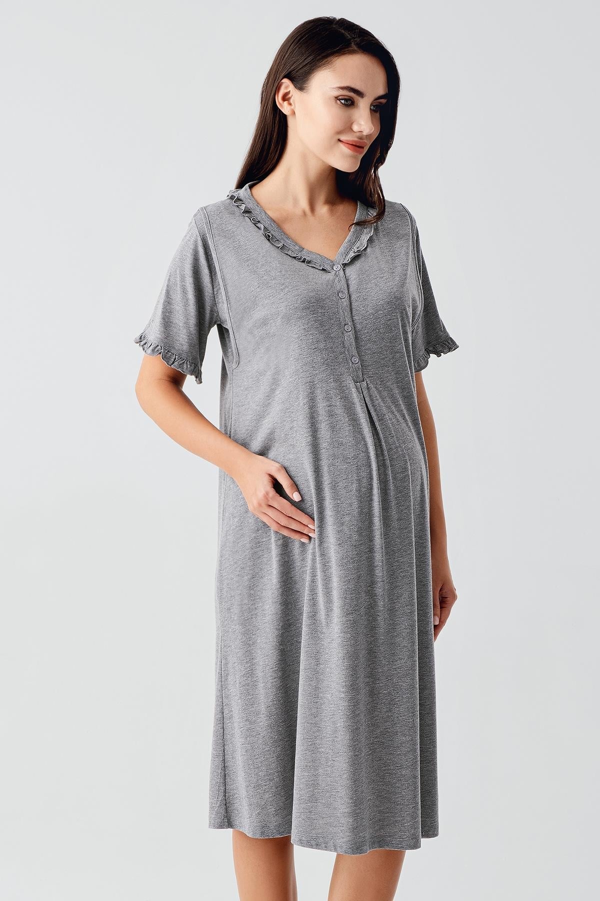 Pleated Double Breastfeeding Maternity Feeding-Friendly Nightgown Grey - S17100