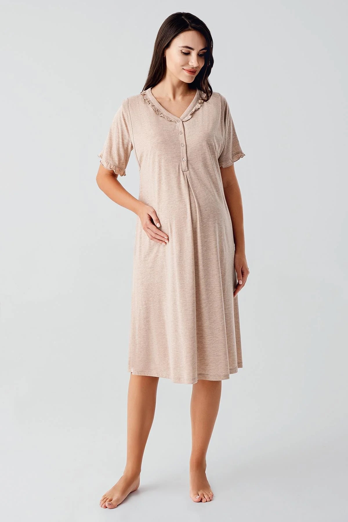 Pleated Double Breastfeeding Maternity Feeding-Friendly Nightgown Coffee - S17100