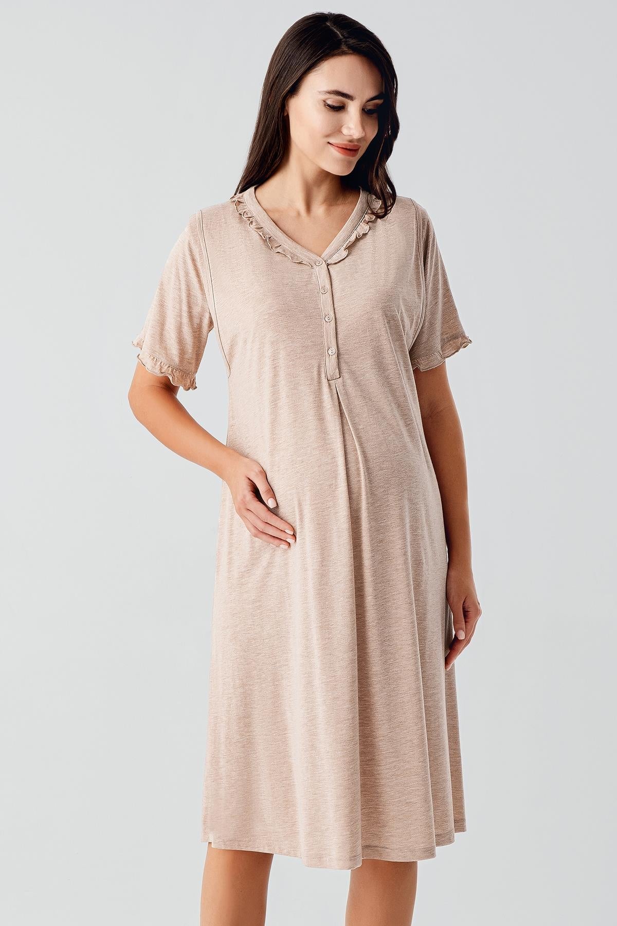 Pleated Double Breastfeeding Maternity Feeding-Friendly Nightgown Coffee - S17100