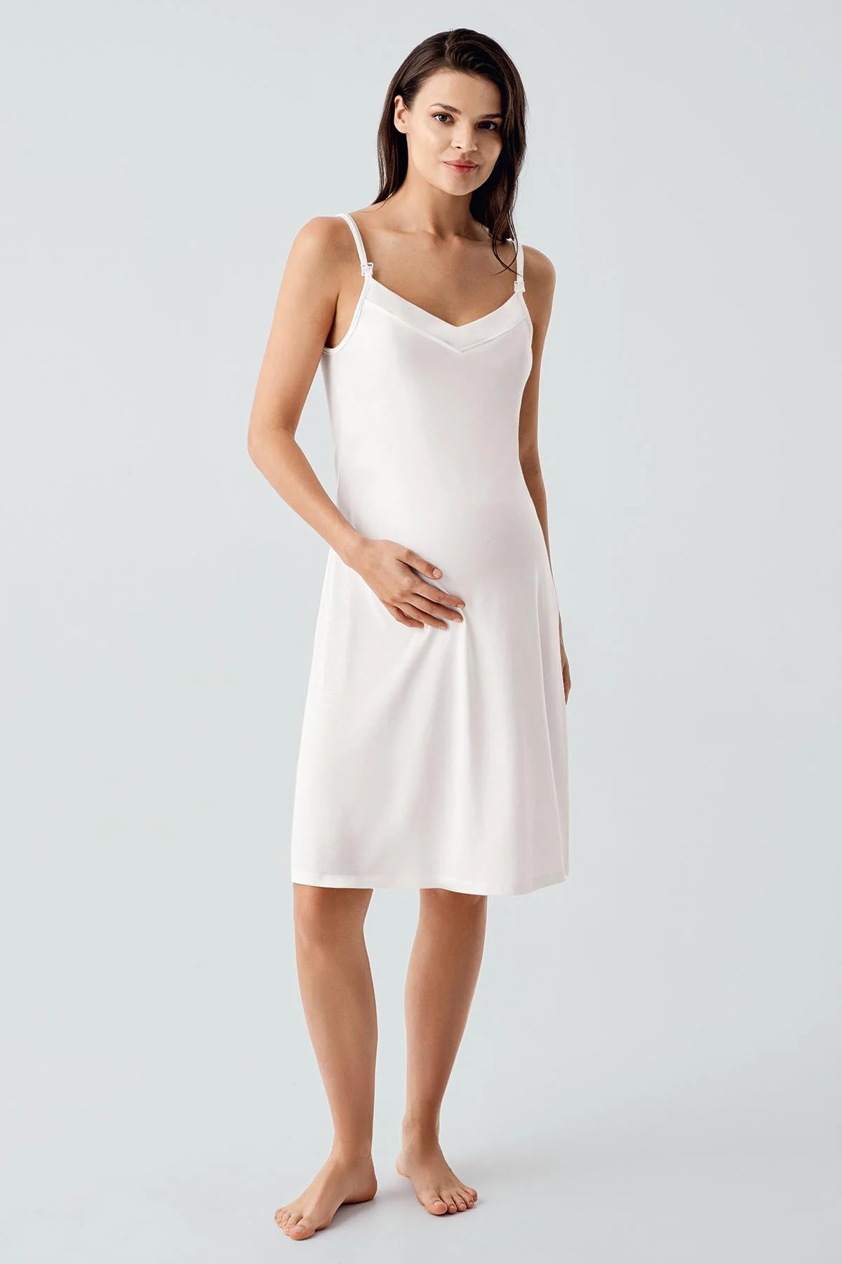 Strappy Maternity Feeding-Friendly Nightgown & Jacquard Robe Set Ecru - S17401