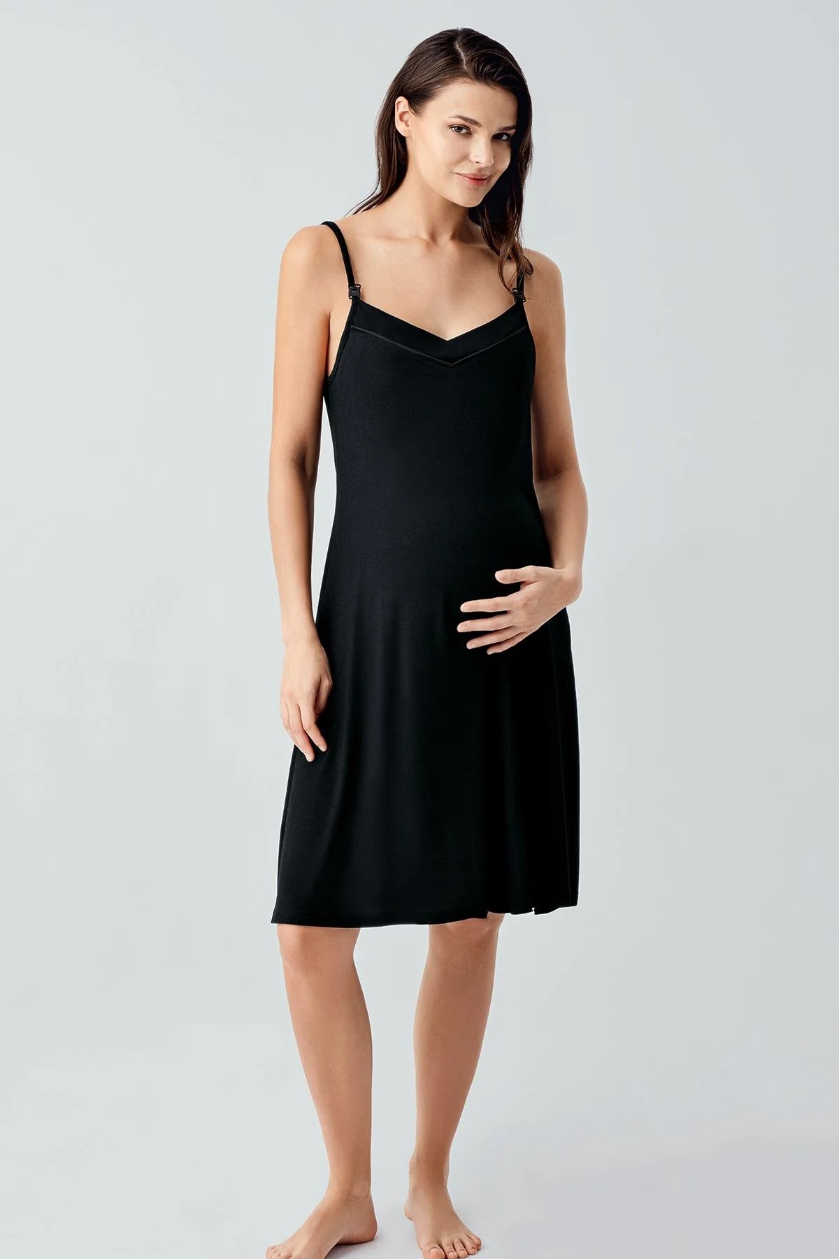 Strappy Maternity Feeding-Friendly Nightgown & Jacquard Robe Set Black - S17401