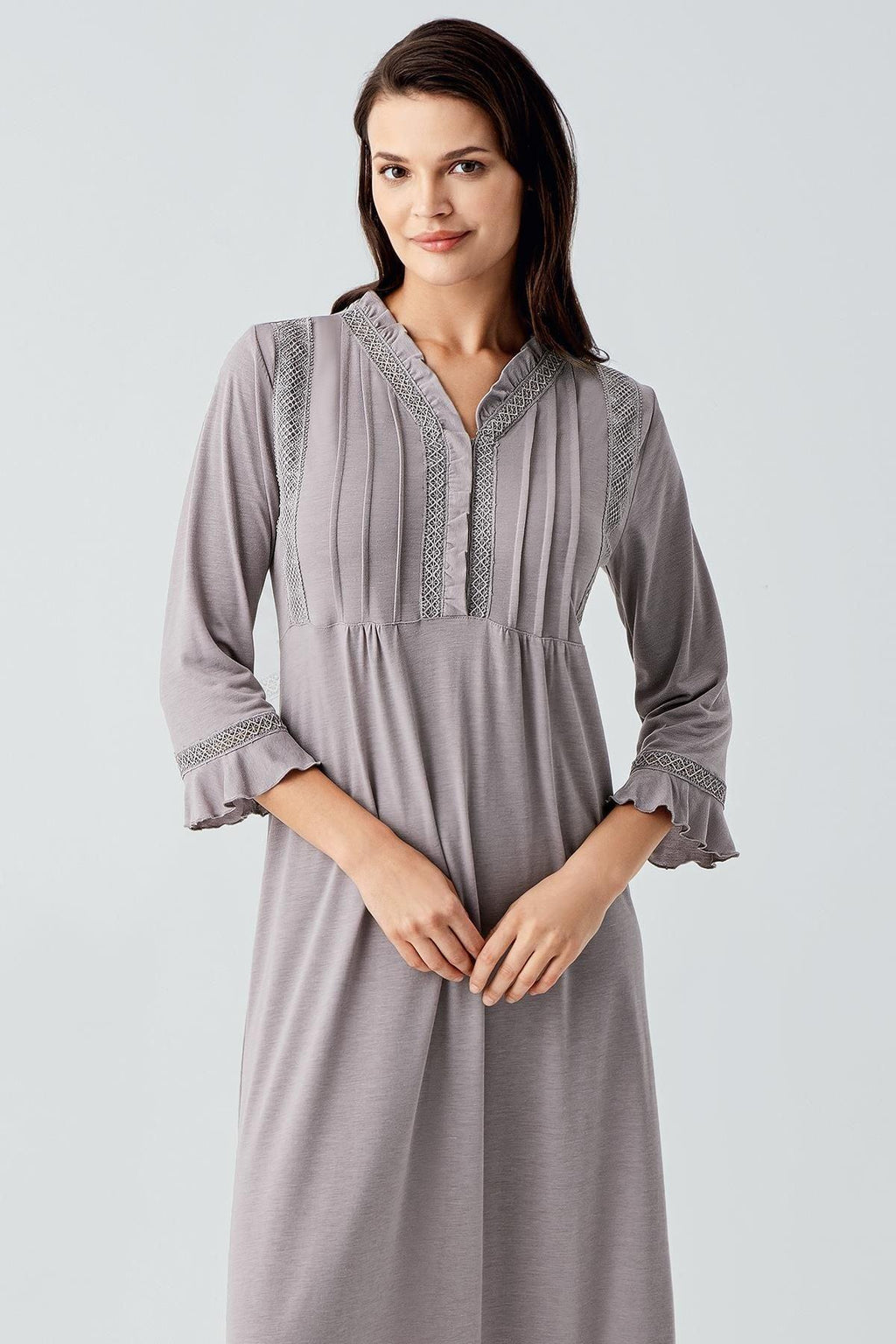Lace Detailed Plus Size Maternity Feeding-Friendly Nightgown Grey - S17110
