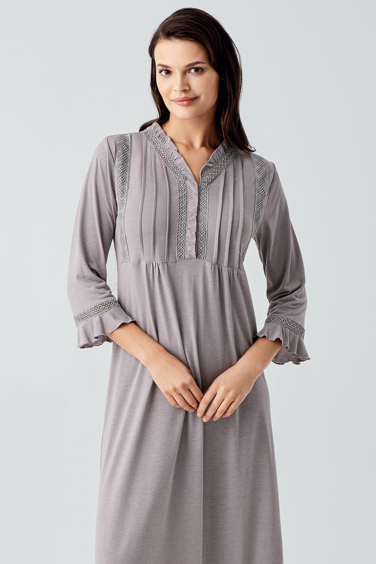 Lace Detailed Plus Size Maternity Feeding-Friendly Nightgown Grey - S17110