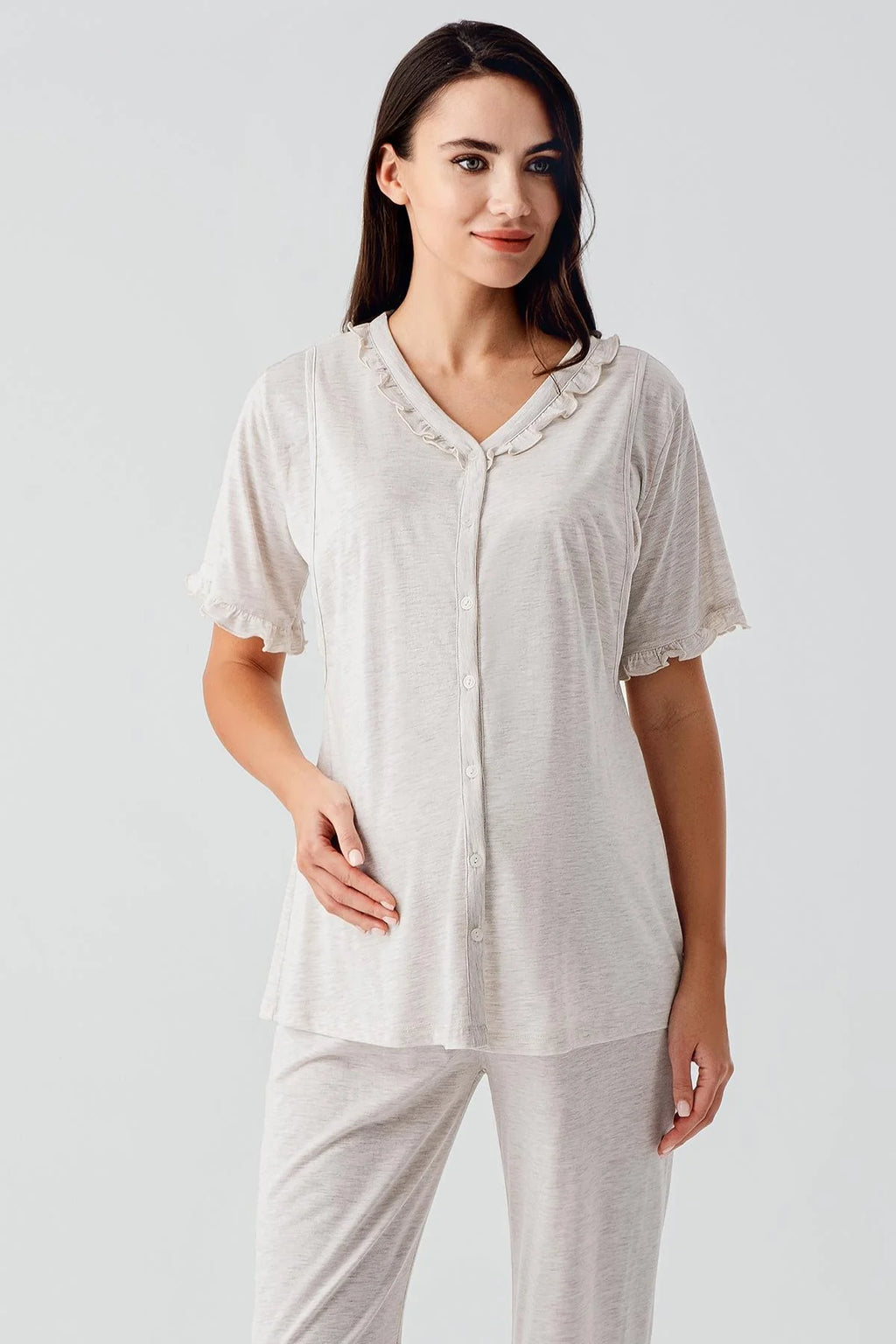 Pleated Double Breastfeeding 3-Piece Maternity Feeding-Friendly Pajama & Robe Set Beige - S17300