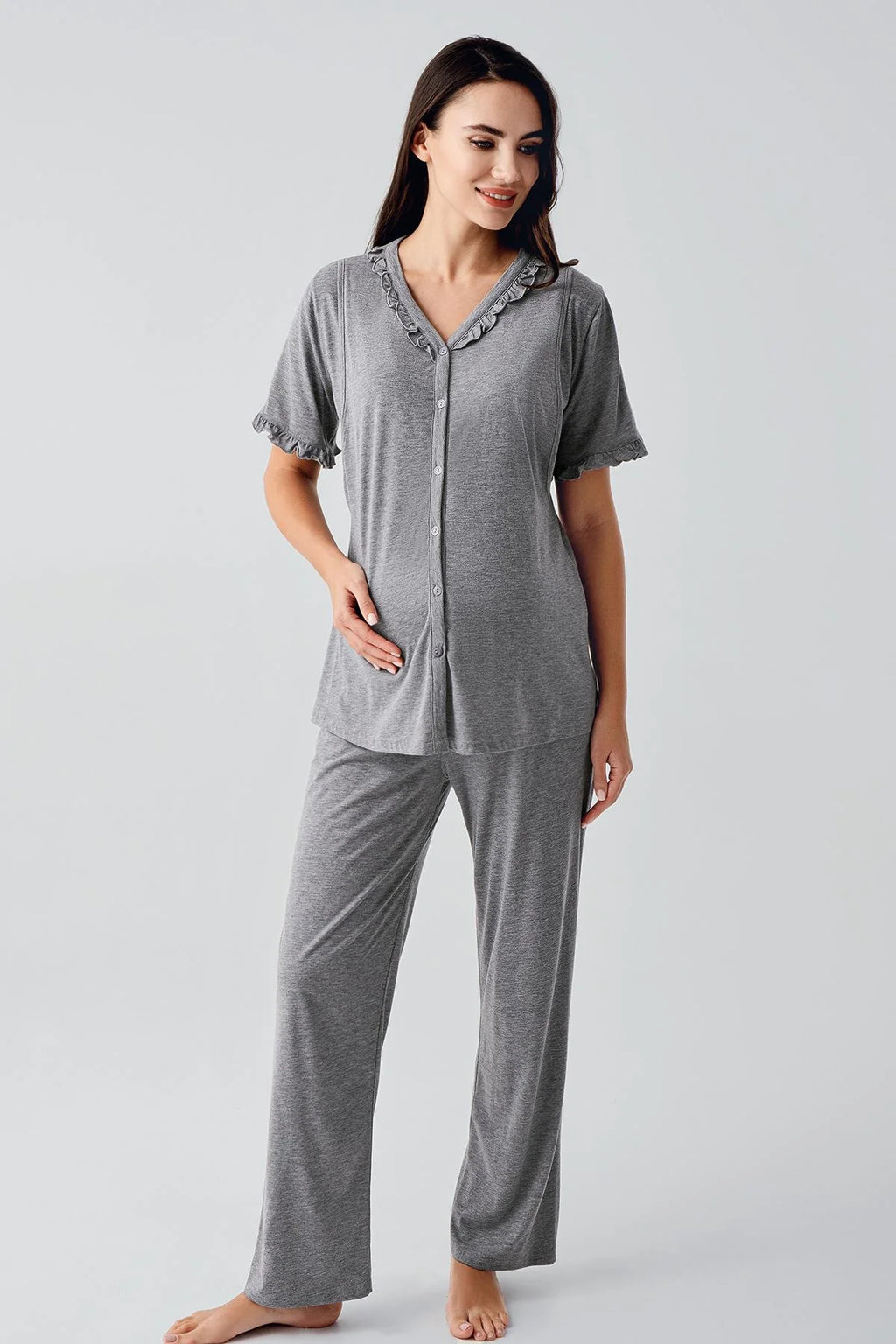 Pleated Double Breastfeeding 4-Piece Maternity Feeding-Friendly Set Grey - S400200