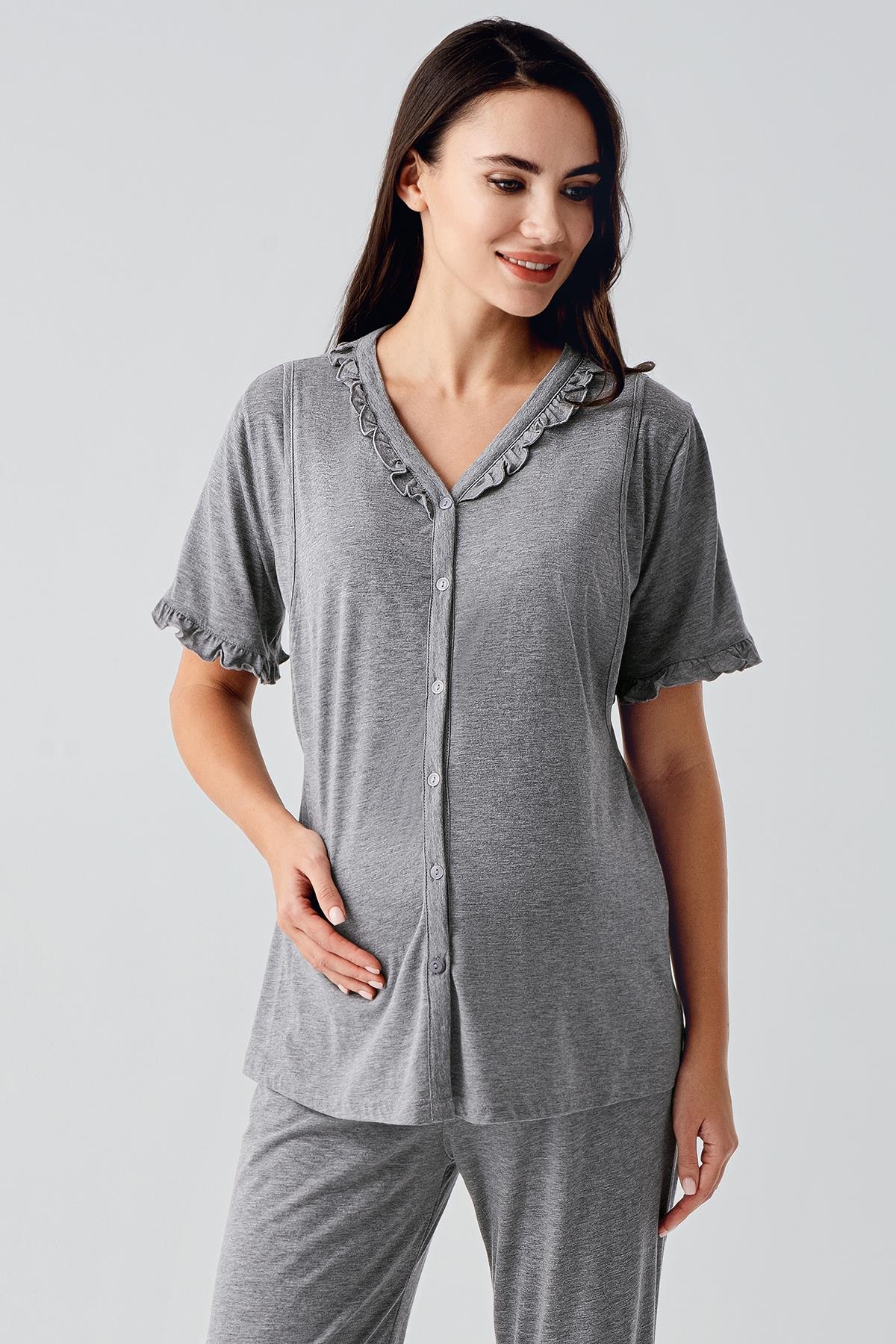 Pleated Double Breastfeeding Maternity Feeding-Friendly Pajama Set Grey - S17200