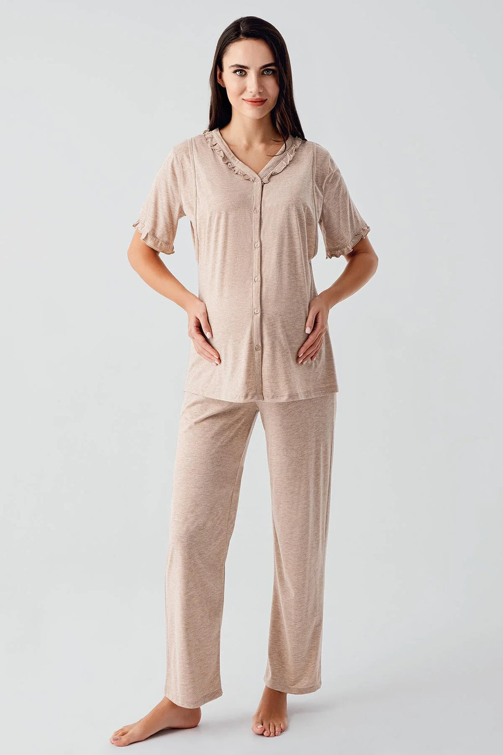 Pleated Double Breastfeeding 4-Piece Maternity Feeding-Friendly Set Coffee - S400200