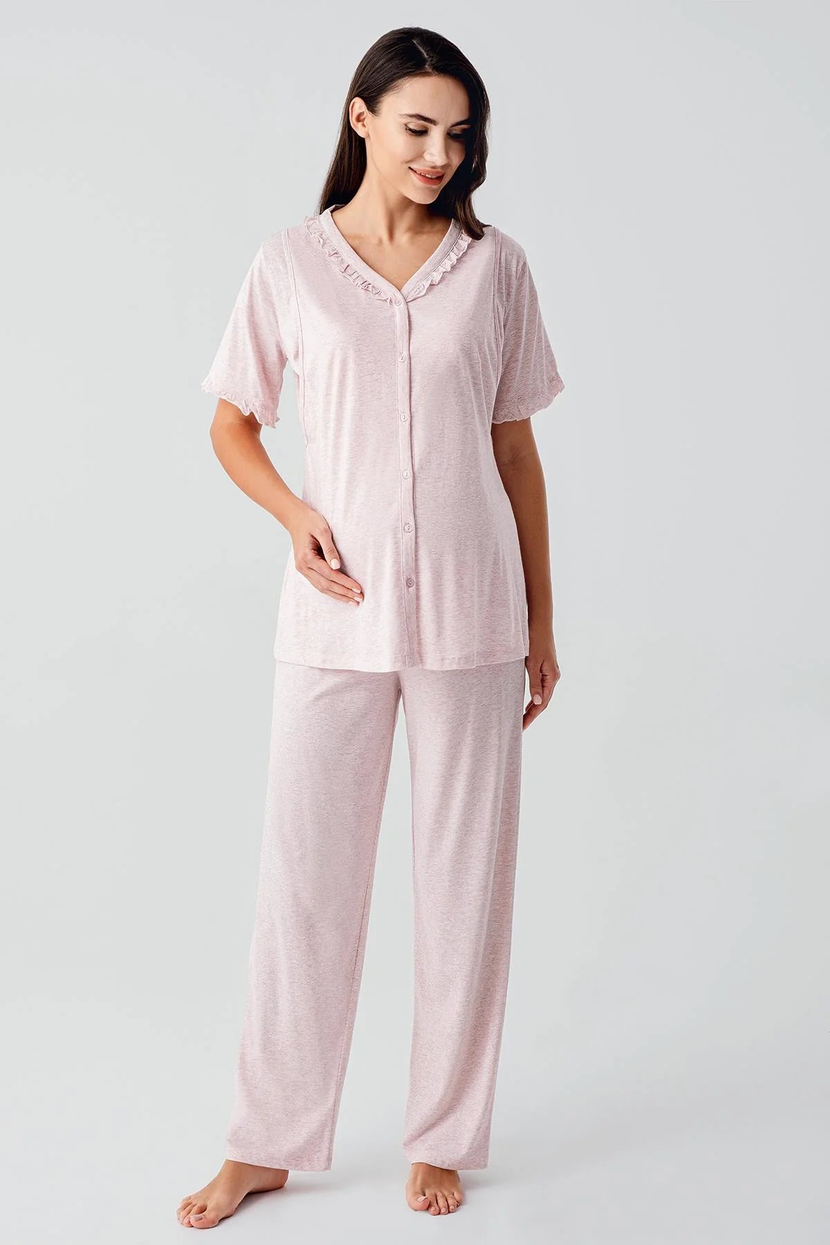 Pleated Double Breastfeeding Maternity Feeding-Friendly Pajama Set Pink - S17200