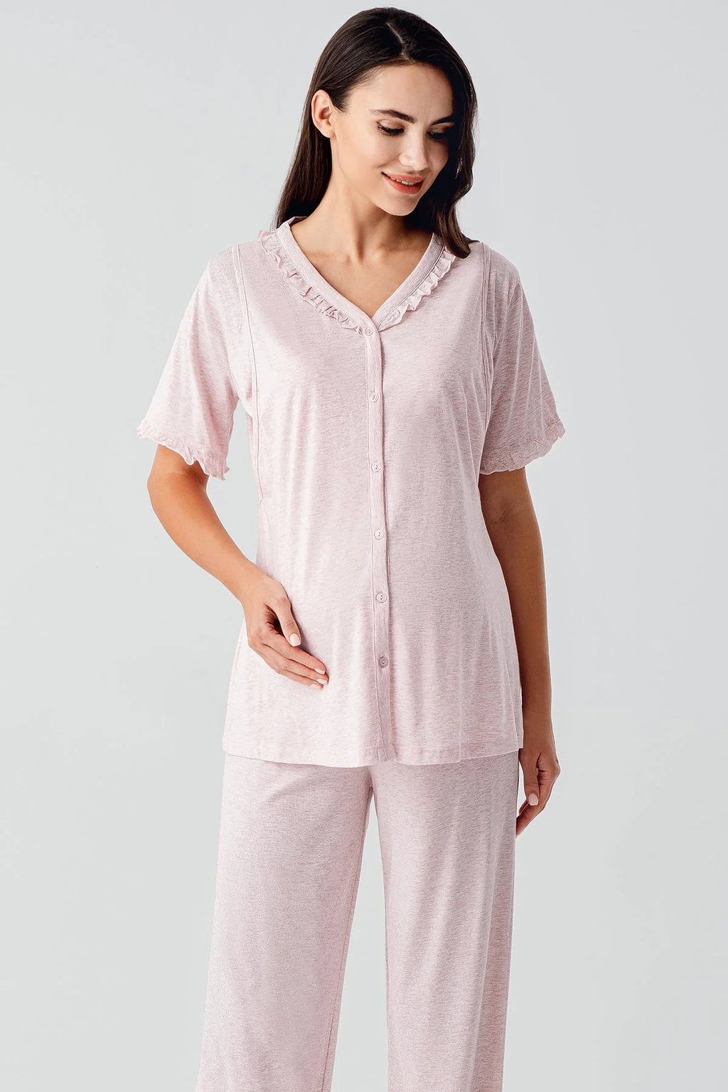 Pleated Double Breastfeeding Maternity Feeding-Friendly Pajama Set Pink - S17200