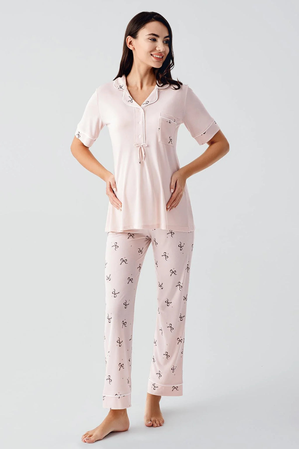 Bow Pattern Maternity Feeding-Friendly Pajama Set Salmon - S17207