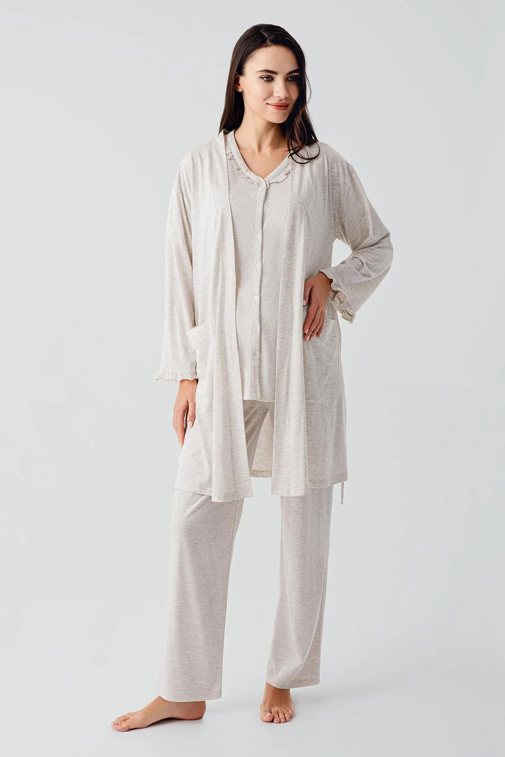 Pleated Double Breastfeeding 3-Piece Maternity Feeding-Friendly Pajama & Robe Set Beige - S17300