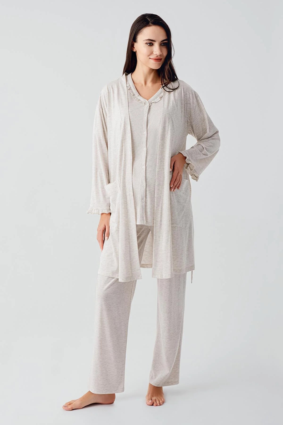 Pleated Double Breastfeeding 3-Piece Maternity Feeding-Friendly Pajama & Robe Set Beige - S17300