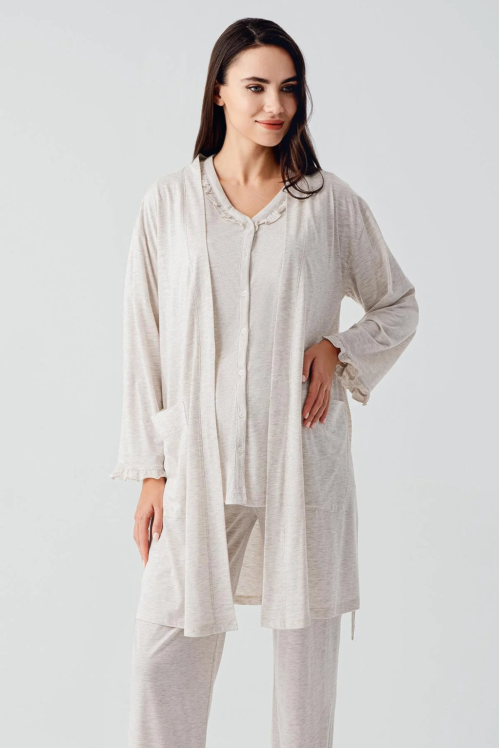 Pleated Double Breastfeeding 3-Piece Maternity Feeding-Friendly Pajama & Robe Set Beige - S17300