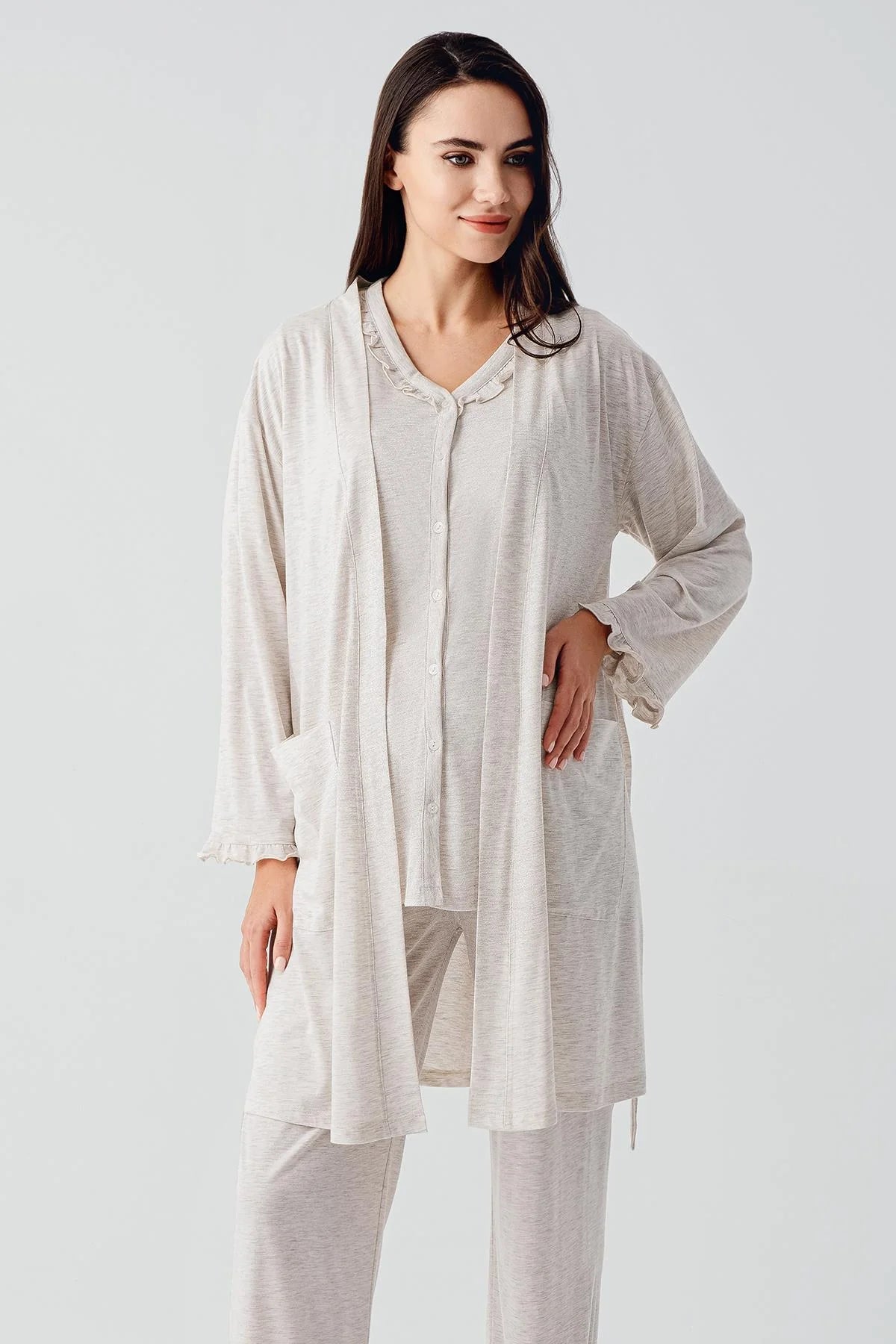 Pleated Double Breastfeeding 3-Piece Maternity Feeding-Friendly Pajama & Robe Set Beige - S17300