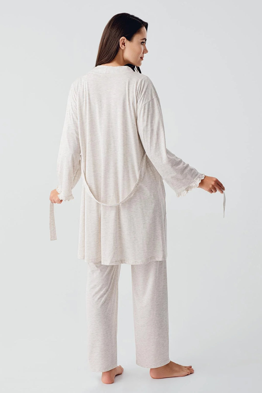 Pleated Double Breastfeeding 3-Piece Maternity Feeding-Friendly Pajama & Robe Set Beige - S17300