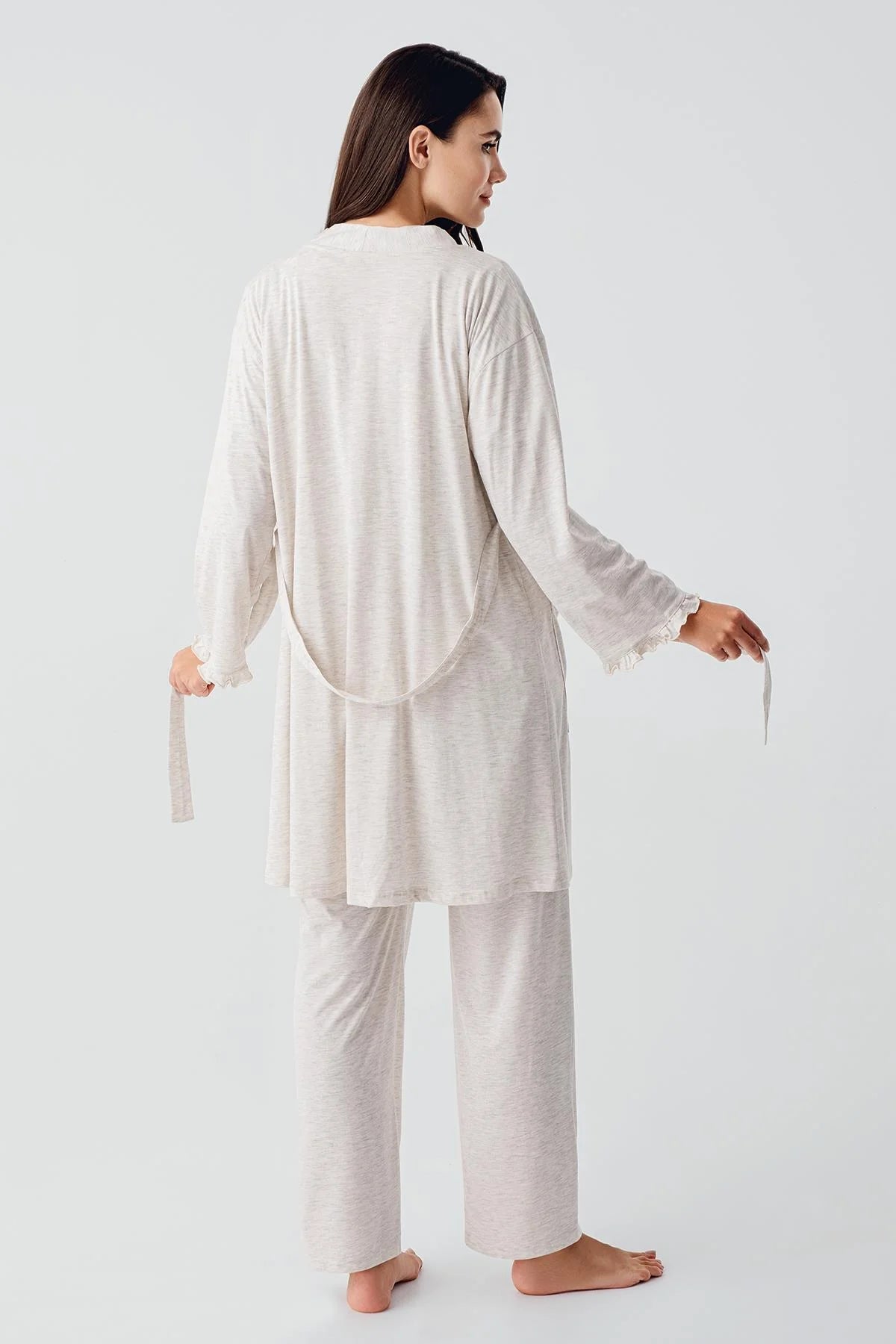 Pleated Double Breastfeeding 3-Piece Maternity Feeding-Friendly Pajama & Robe Set Beige - S17300