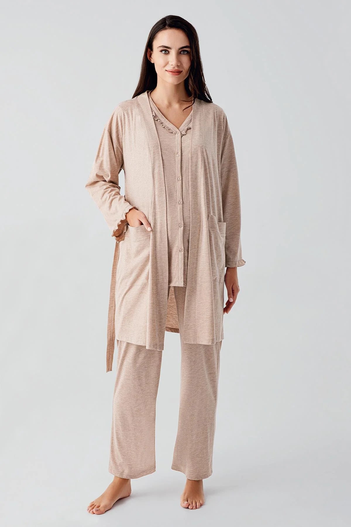 Pleated Double Breastfeeding 3-Piece Maternity Feeding-Friendly Pajama & Robe Set Coffee - S17300