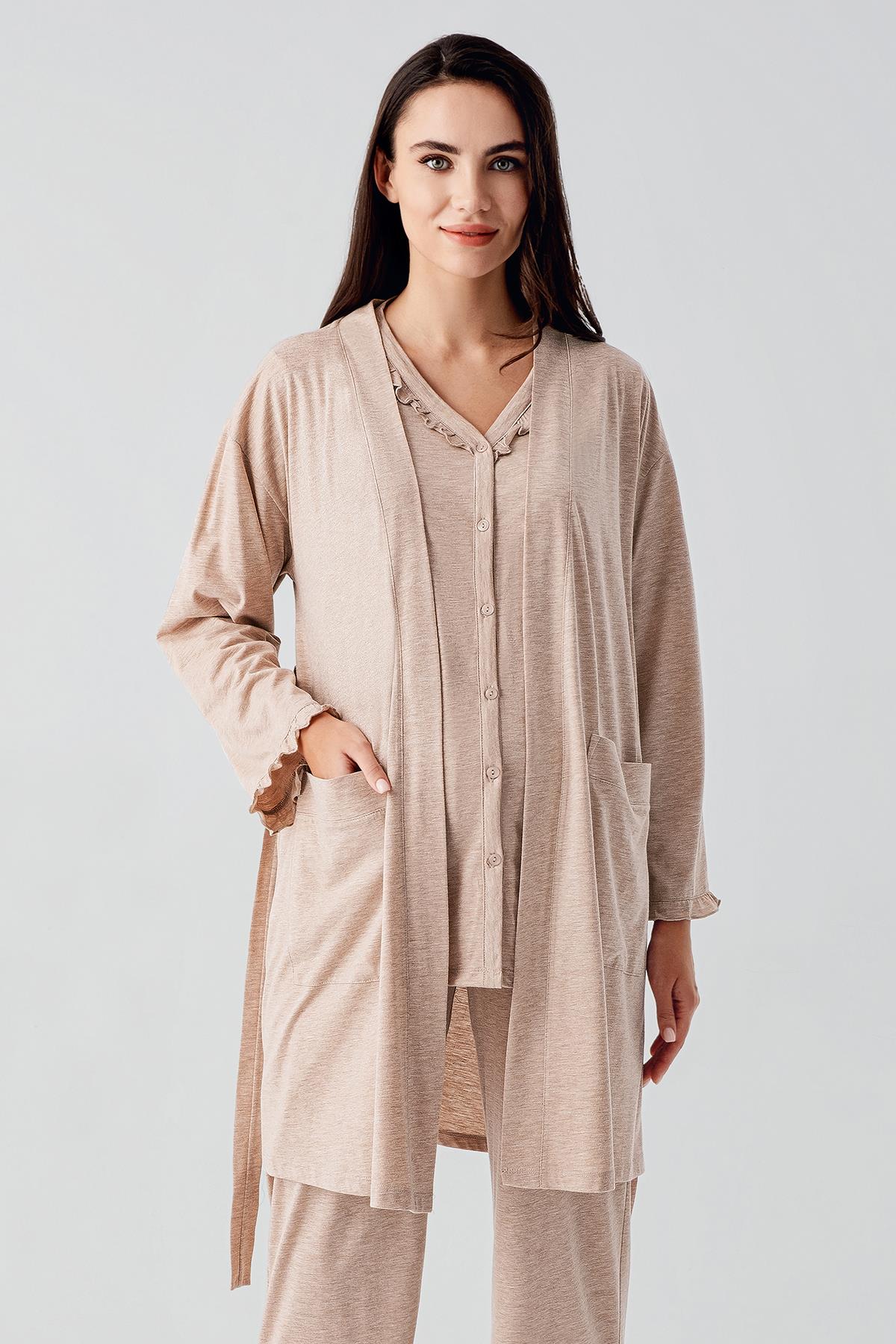 Pleated Double Breastfeeding 3-Piece Maternity Feeding-Friendly Pajama & Robe Set Coffee - S17300