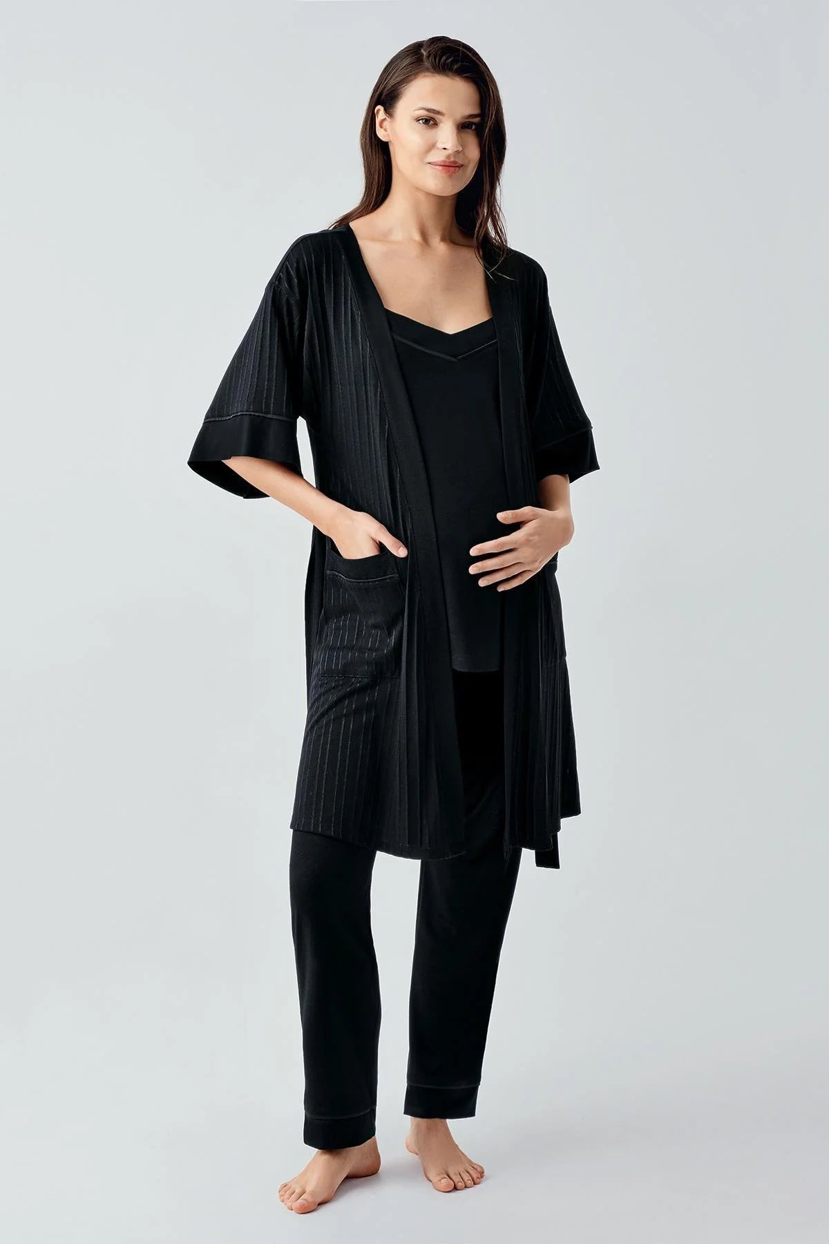 Strappy 3-Piece Maternity Feeding-Friendly Pajama & Jacquard Robe Set Black - S17301