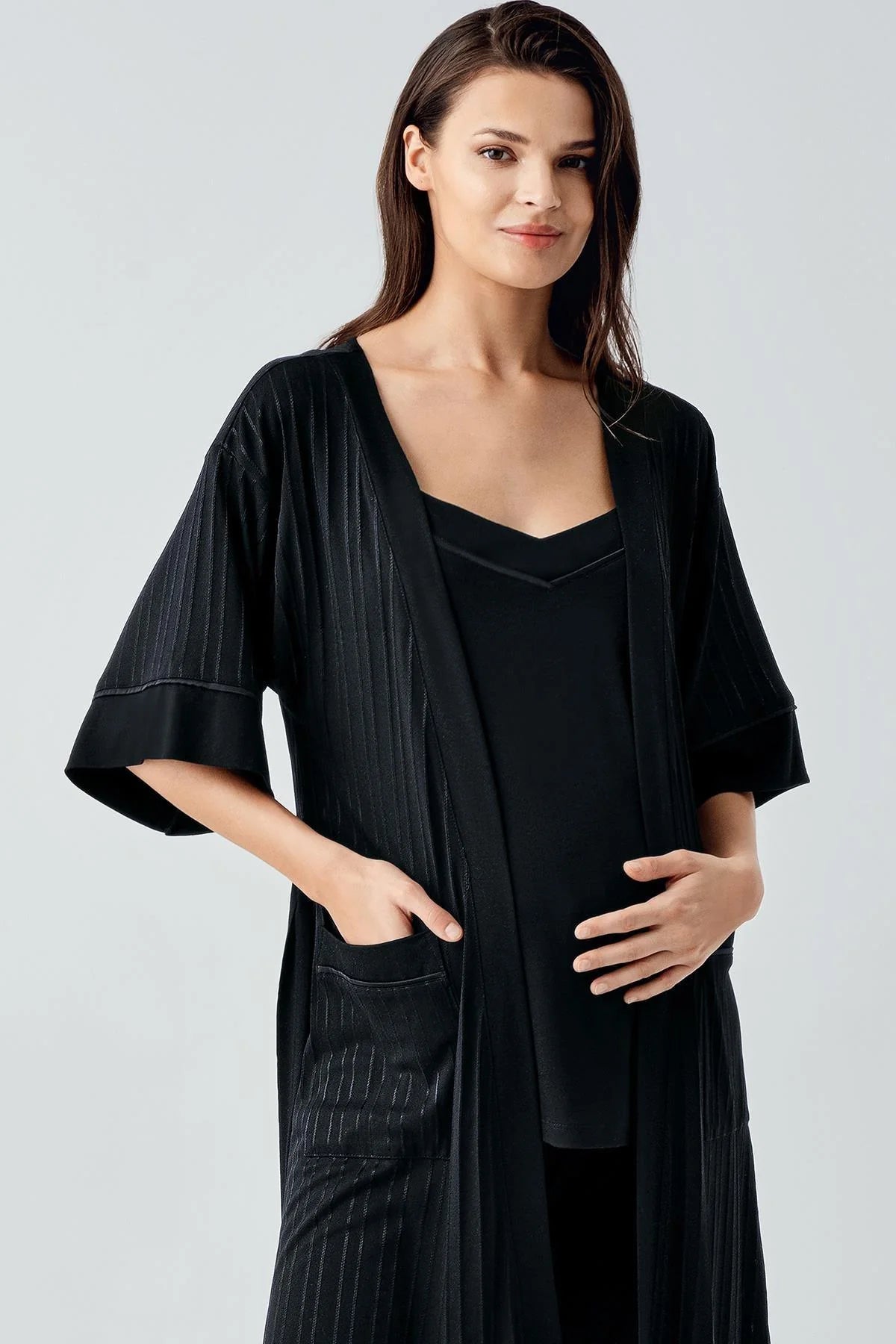 Strappy 3-Piece Maternity Feeding-Friendly Pajama & Jacquard Robe Set Black - S17301