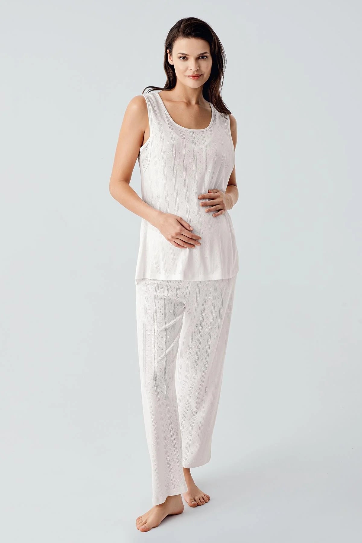 Hidden Breastfeeding Panel 3-Piece Maternity Feeding-Friendly Pajama & Robe Set Ecru - S17308