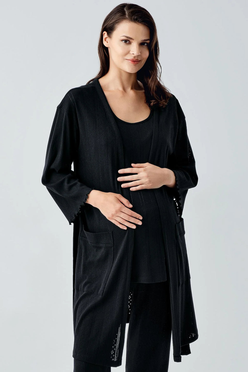 Hidden Breastfeeding Panel 3-Piece Maternity Feeding-Friendly Pajama & Robe Set Black - S17308