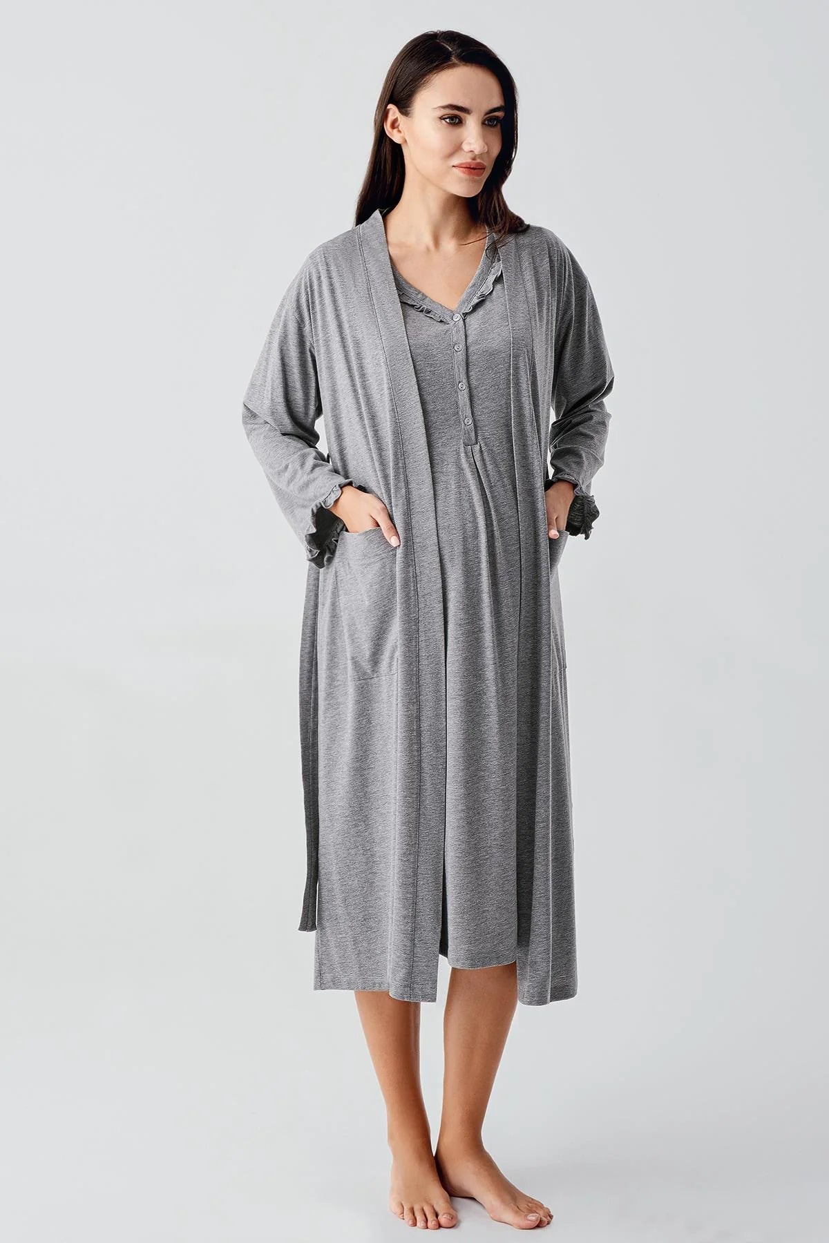 Pleated Double Breastfeeding 4-Piece Maternity Feeding-Friendly Set Grey - S400200