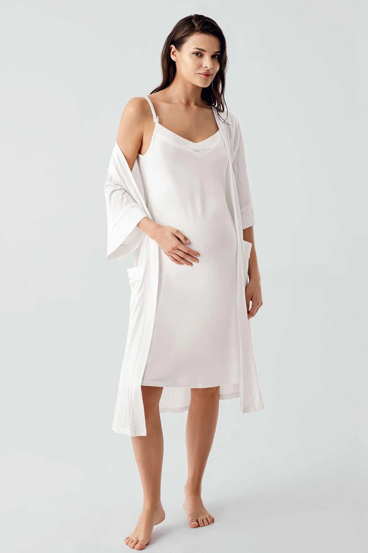 Strappy Maternity Feeding-Friendly Nightgown & Jacquard Robe Set Ecru - S17401