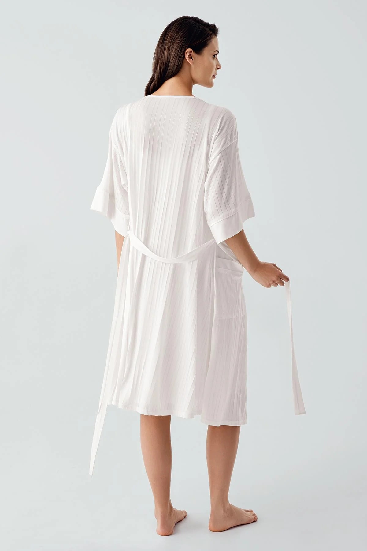Strappy Maternity Feeding-Friendly Nightgown & Jacquard Robe Set Ecru - S17401