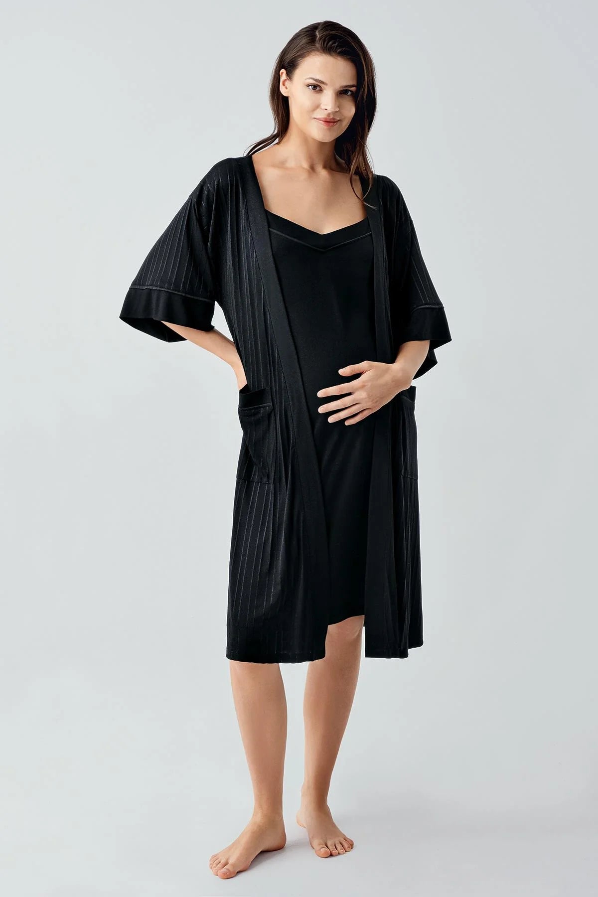 Strappy Maternity Feeding-Friendly Nightgown & Jacquard Robe Set Black - S17401