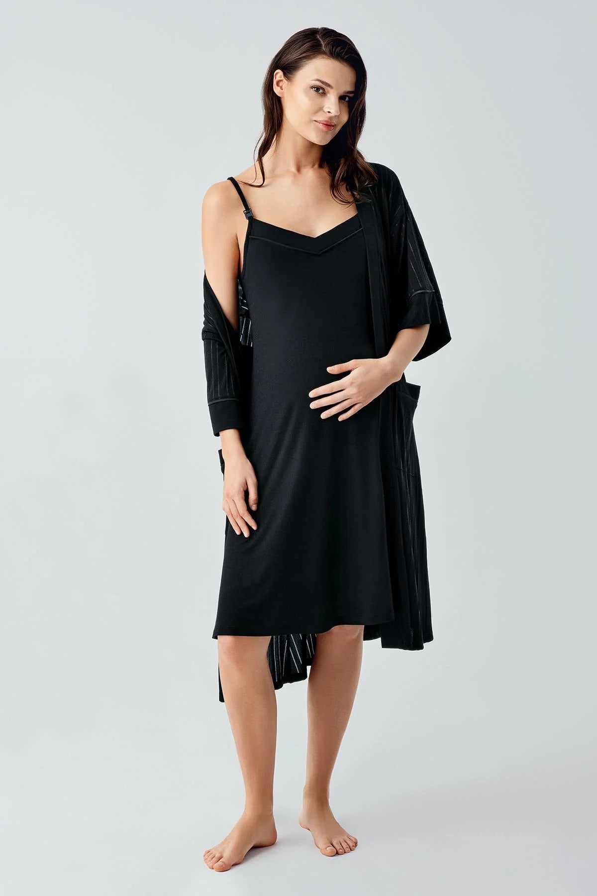 Strappy Maternity Feeding-Friendly Nightgown & Jacquard Robe Set Black - S17401