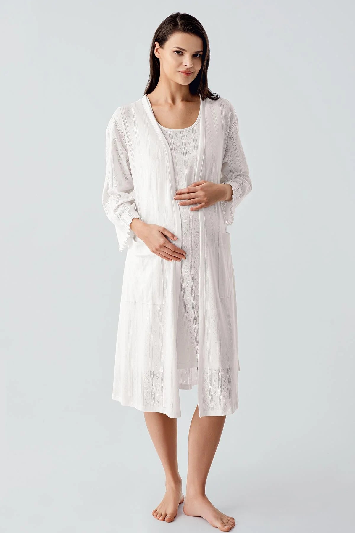 Hidden Breastfeeding Panel Maternity Feeding-Friendly Nightgown & Robe Set Ecru - S17408