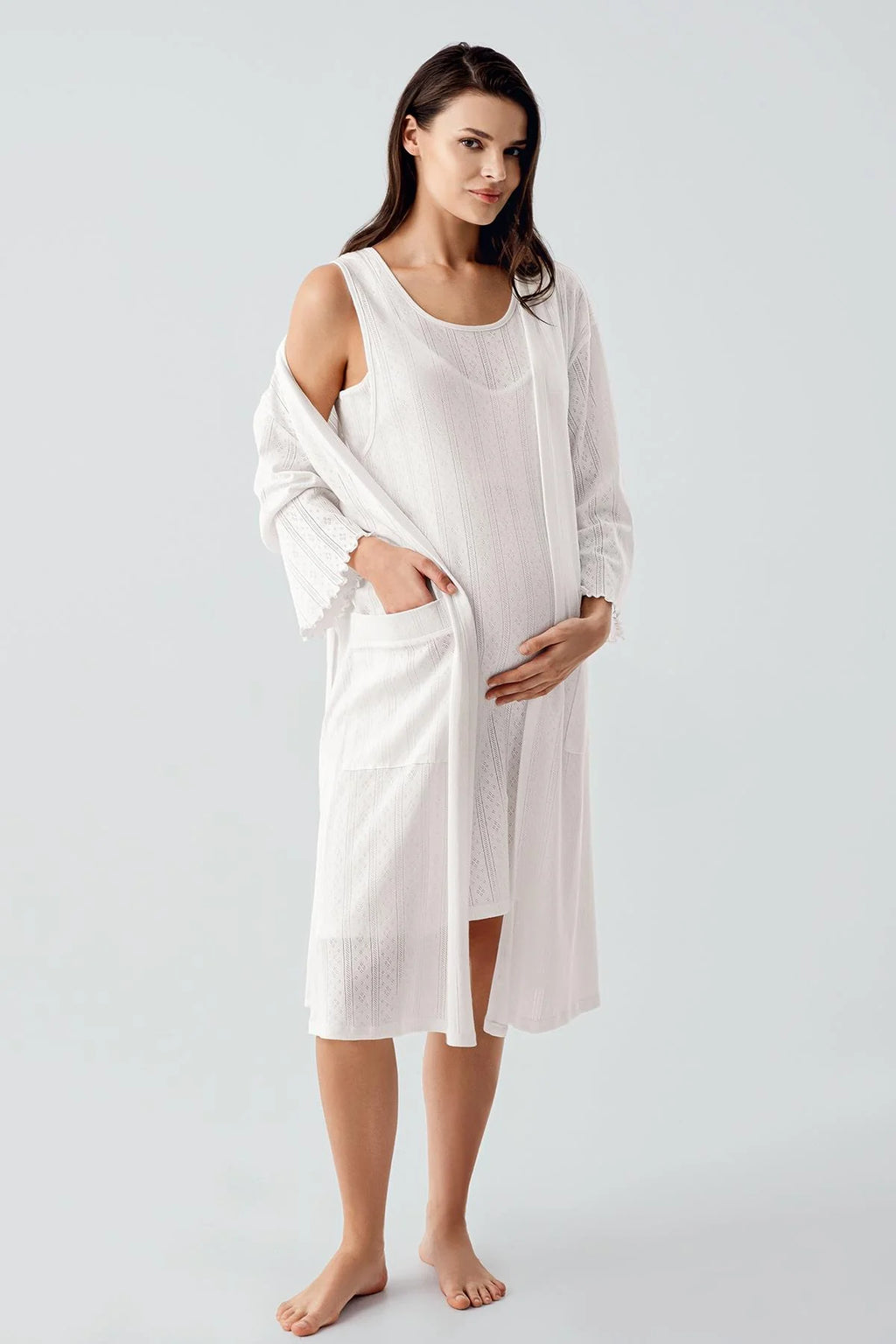 Hidden Breastfeeding Panel Maternity Feeding-Friendly Nightgown & Robe Set Ecru - S17408