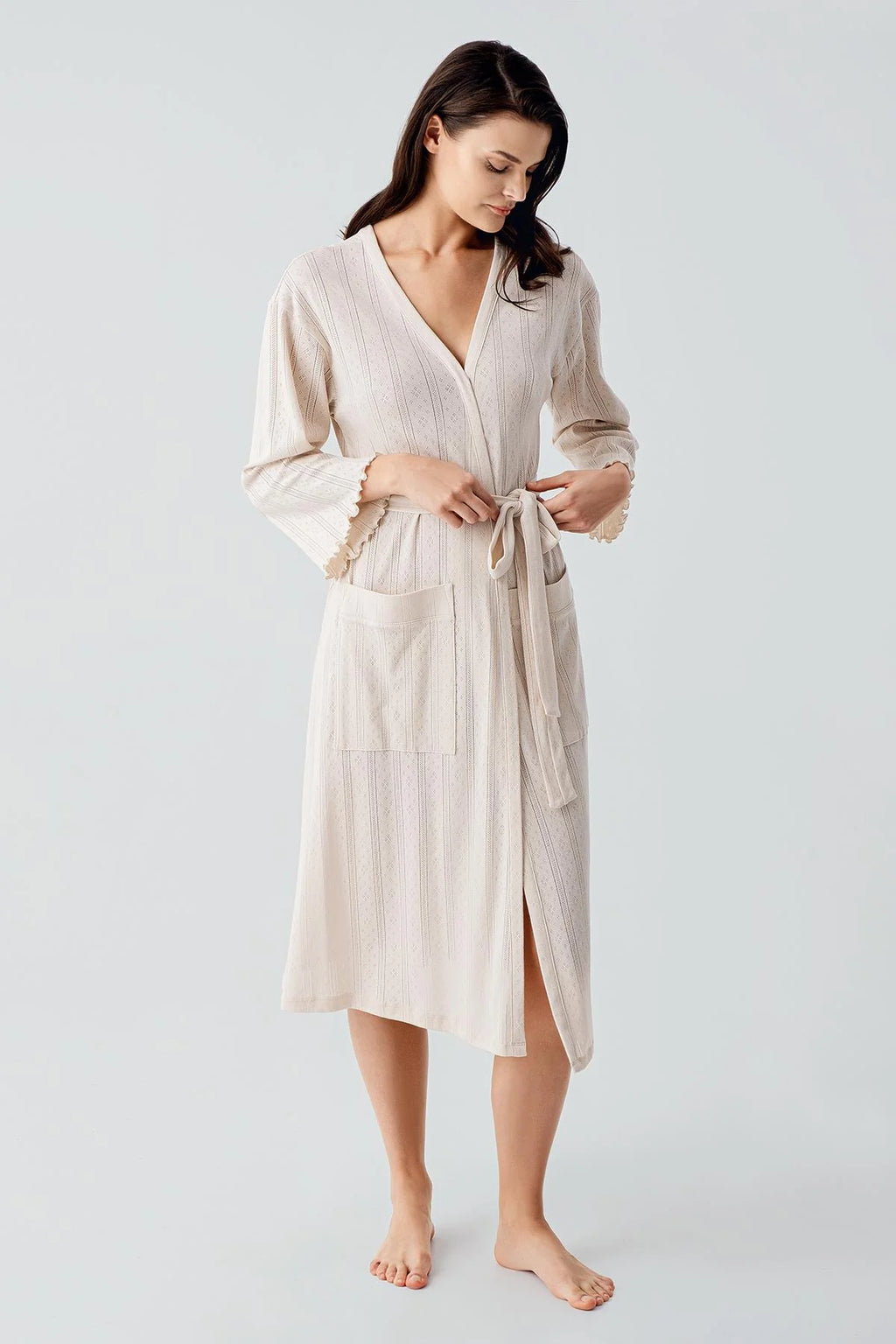 Eyelet Cotton Maternity Robe Beige - S17508