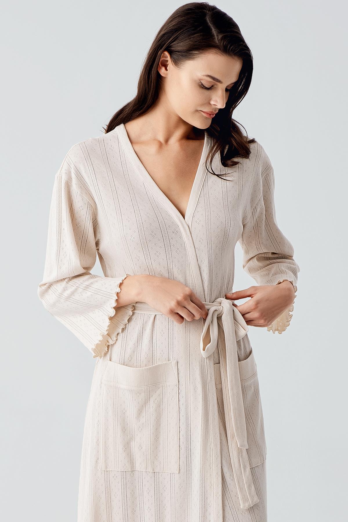 Eyelet Cotton Maternity Robe Beige - S17508