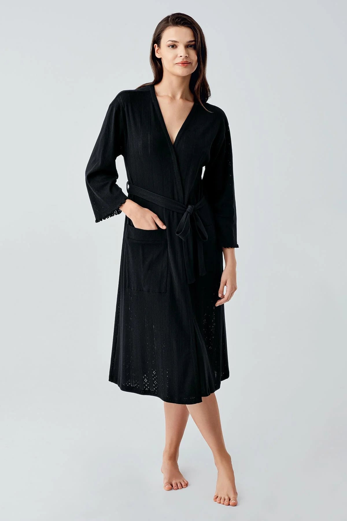 Eyelet Cotton Maternity Robe Black - S17508