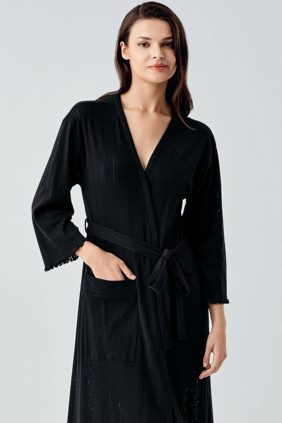 Eyelet Cotton Maternity Robe Black - S17508