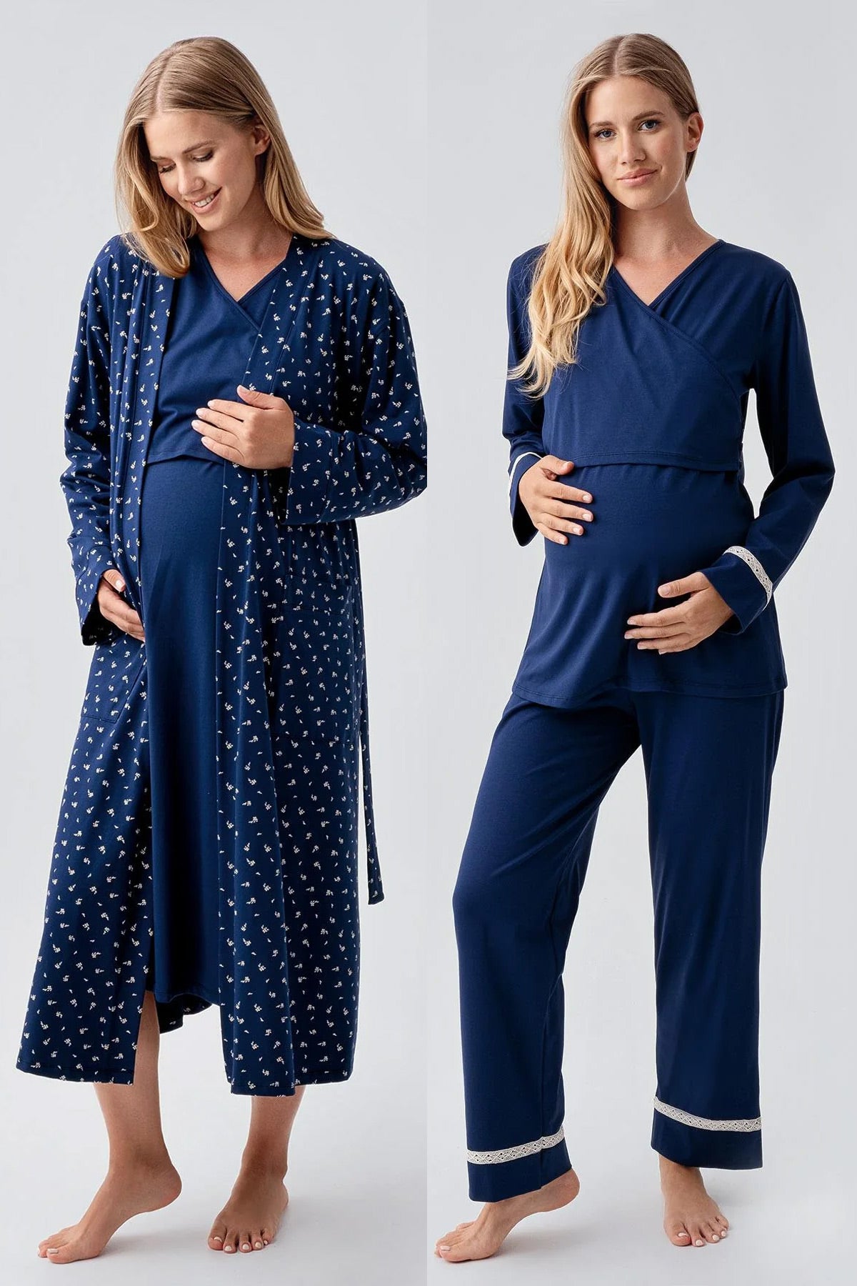 Side Tie Nursing Feature Cotton 4-Piece Maternity Feeding-Friendly Set Navy Blue - S180101