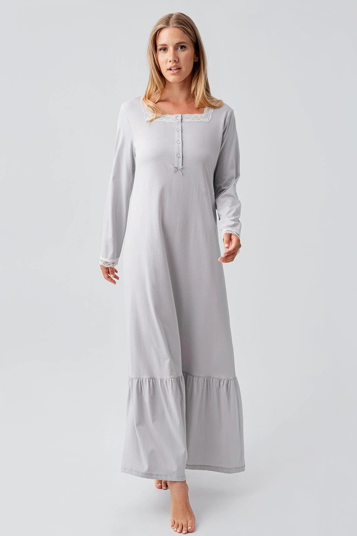 Lace Collar Cotton Plus Size Maternity Feeding-Friendly Nightgown Grey - S18100