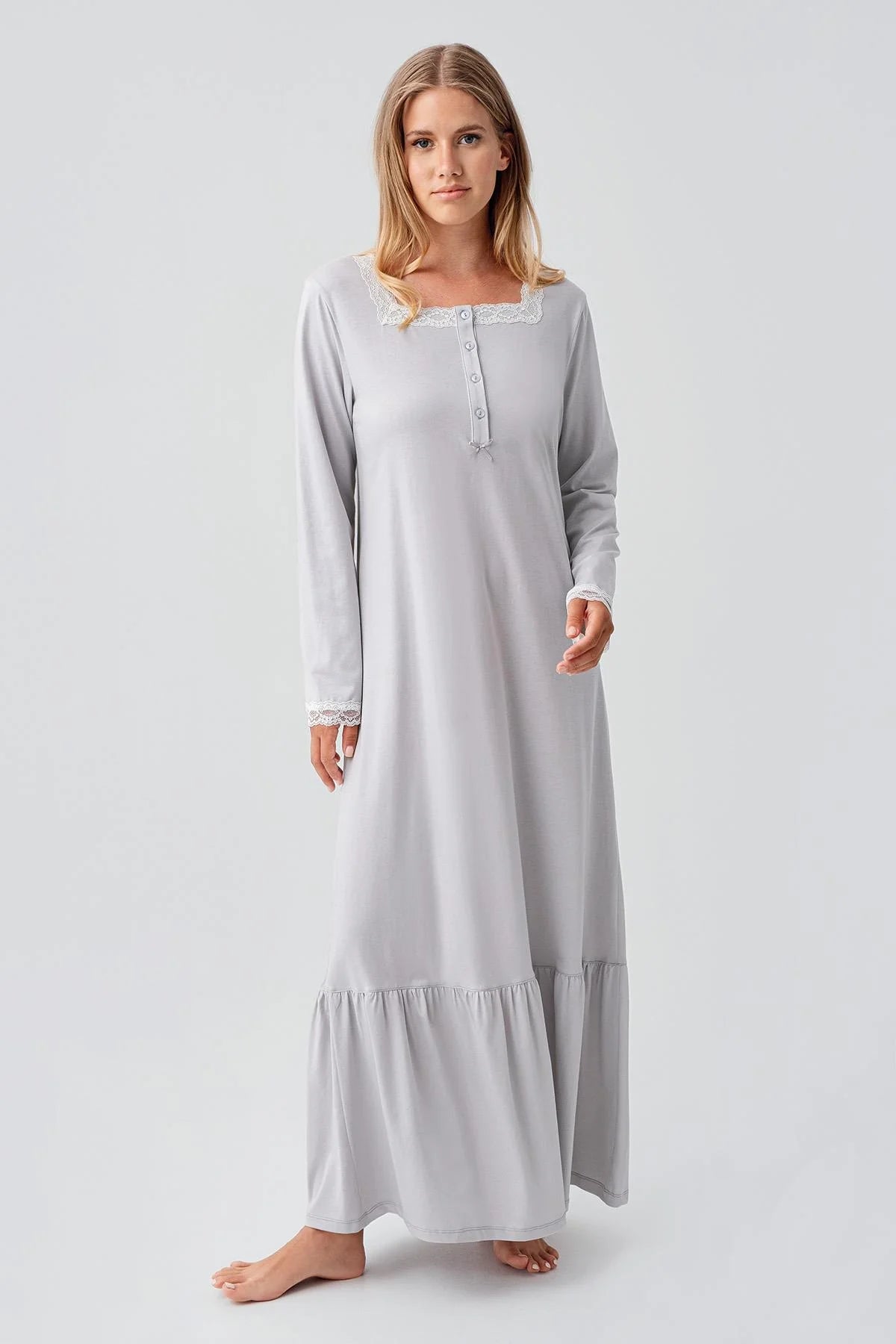 Lace Collar Cotton Plus Size Maternity Feeding-Friendly Nightgown Grey - S18100
