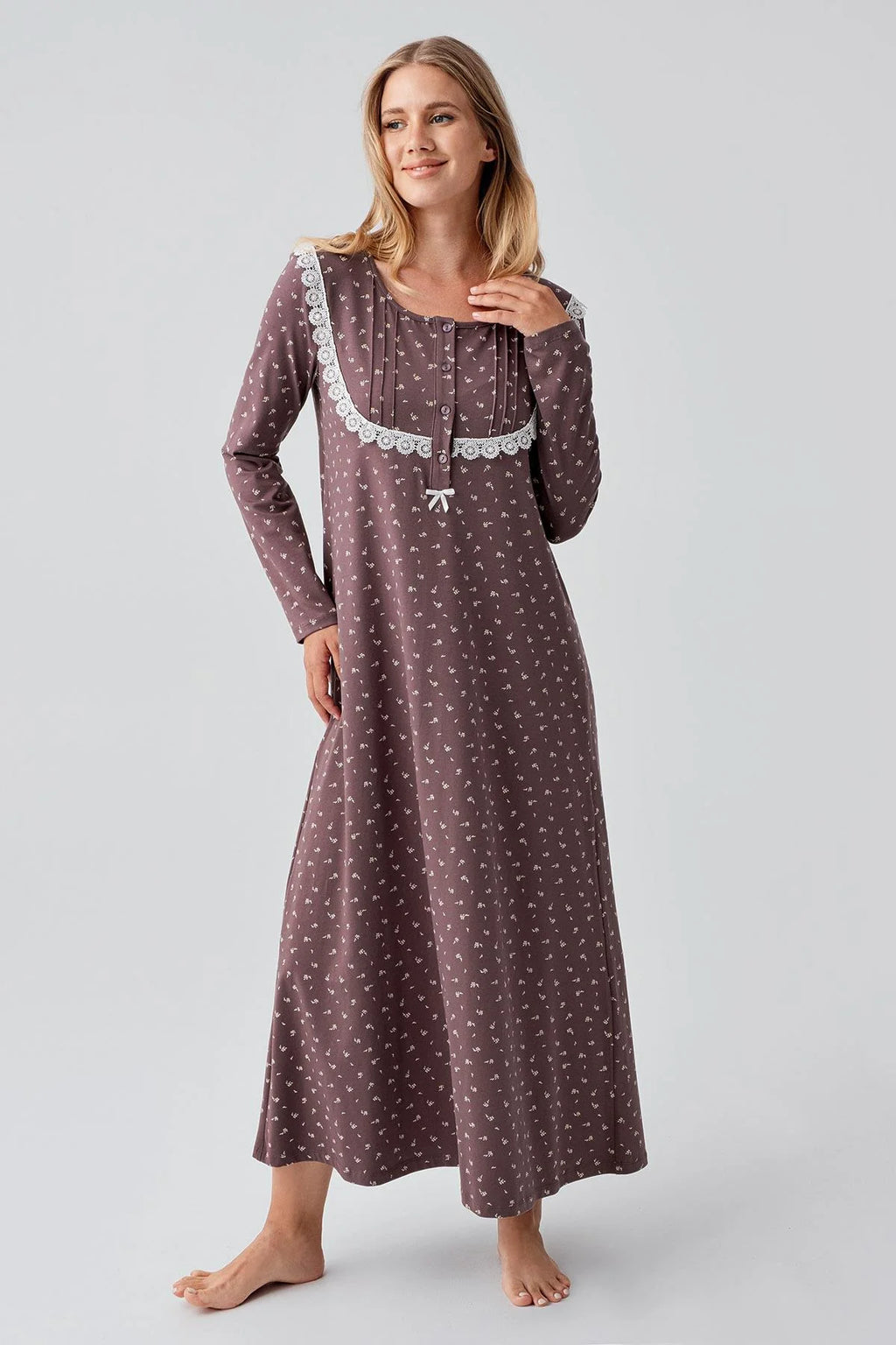 Patterned LPatterned Lacy Cotton Plus Size Maternity Feeding-Friendly Nightgown Coffee - S18101