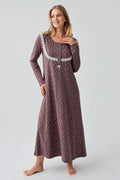 Patterned LPatterned Lacy Cotton Plus Size Maternity Feeding-Friendly Nightgown Coffee - S18101