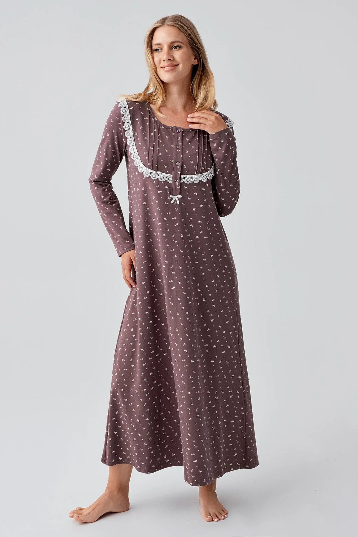 Patterned LPatterned Lacy Cotton Plus Size Maternity Feeding-Friendly Nightgown Coffee - S18101