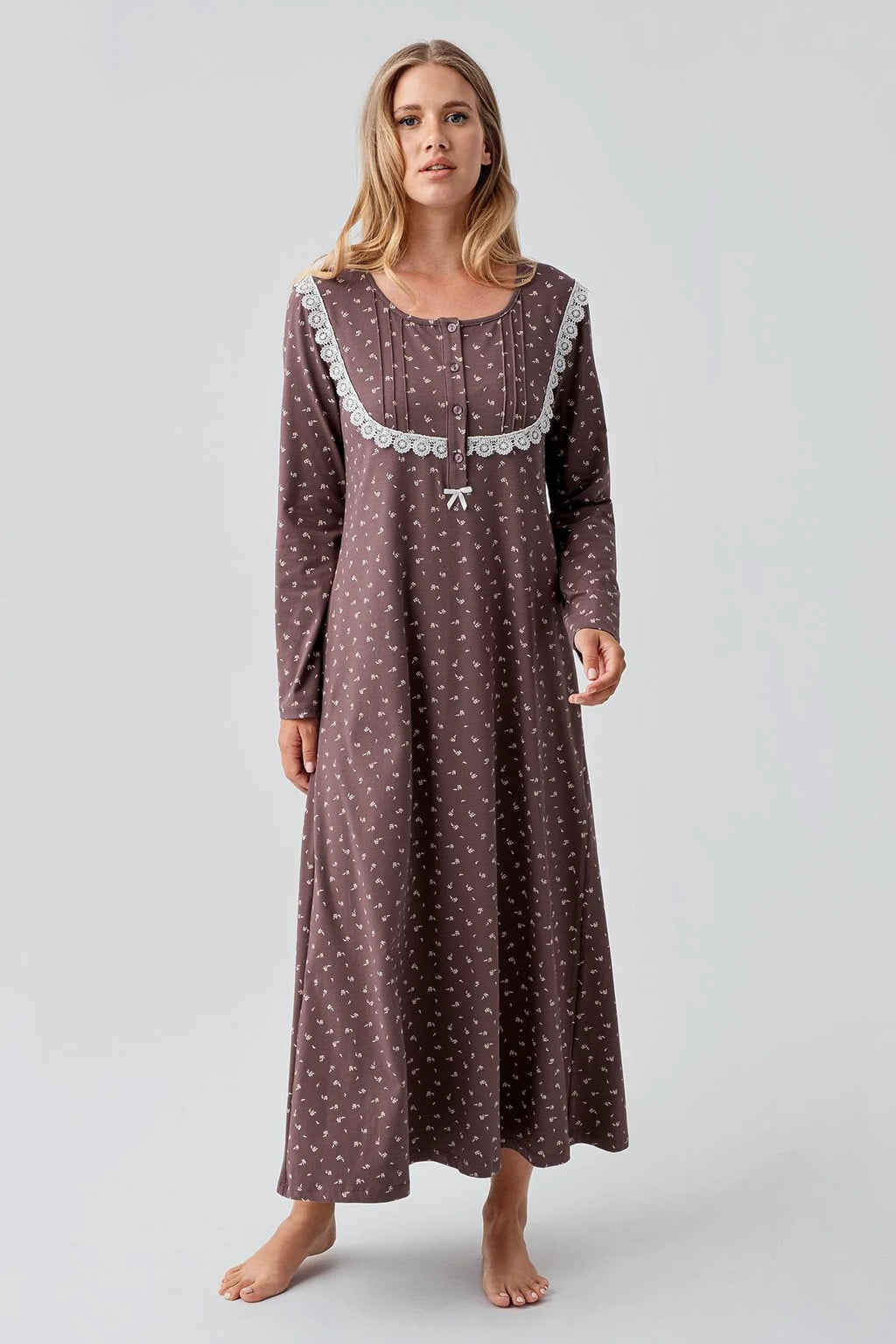 Patterned LPatterned Lacy Cotton Plus Size Maternity Feeding-Friendly Nightgown Coffee - S18101
