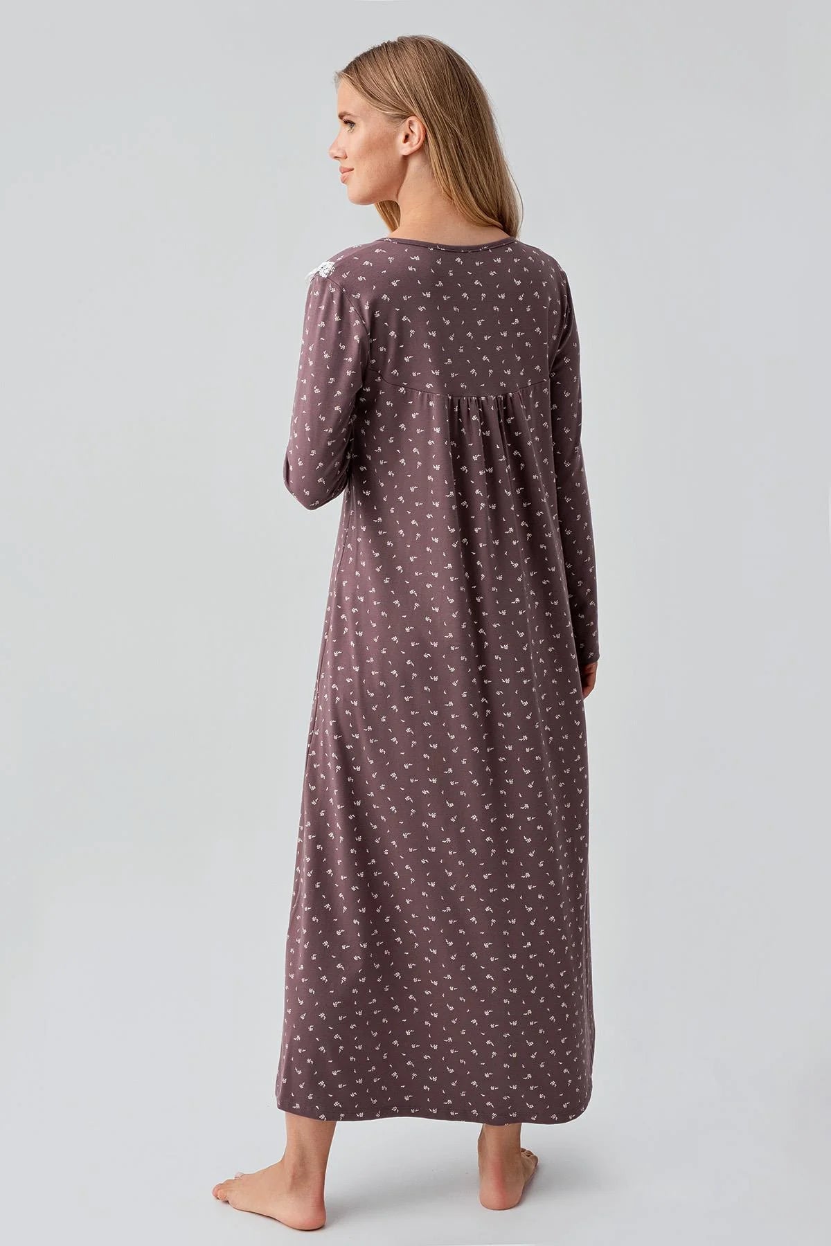 Patterned LPatterned Lacy Cotton Plus Size Maternity Feeding-Friendly Nightgown Coffee - S18101