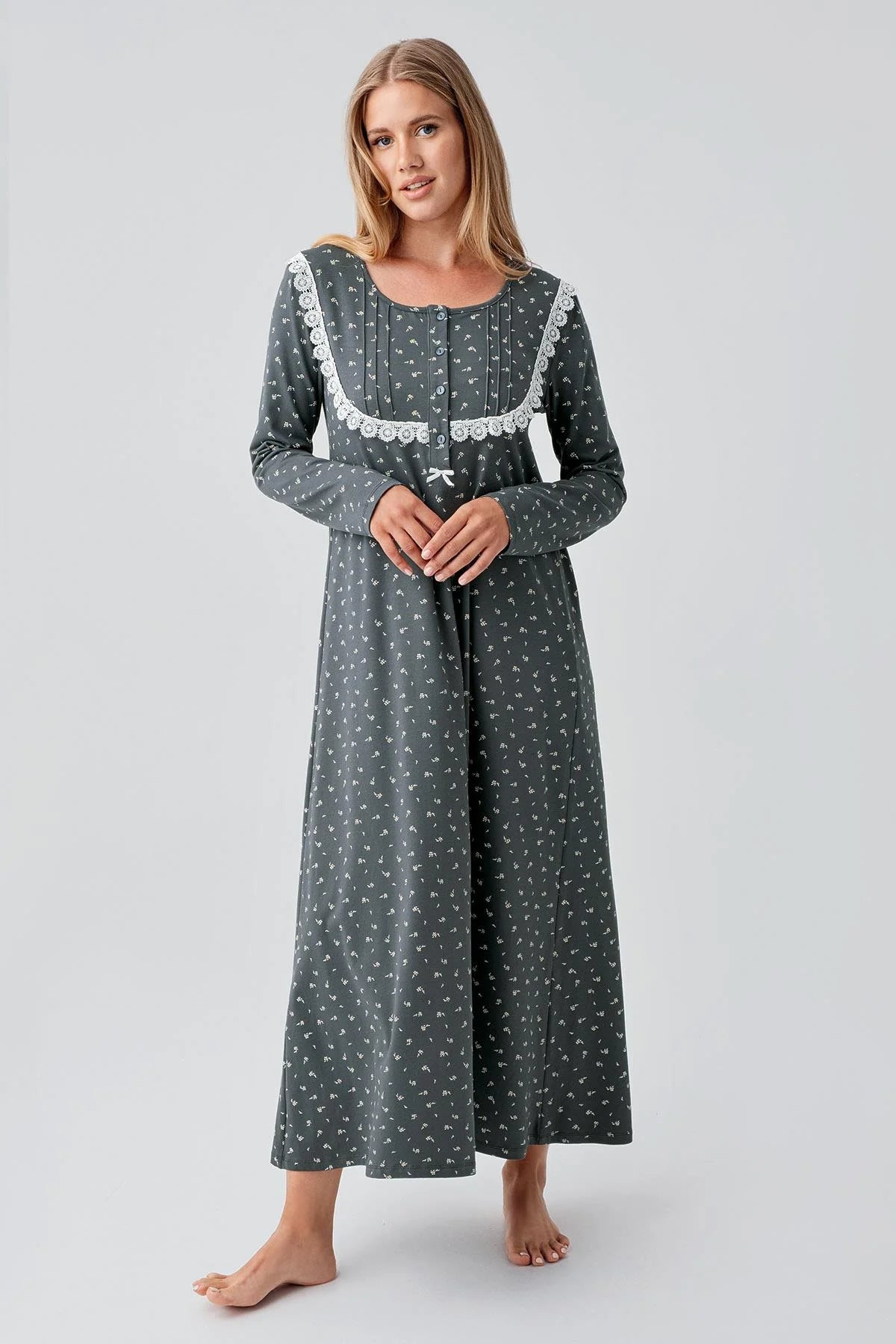 Patterned Lacy Cotton Plus Size Maternity Feeding-Friendly Nightgown Green - S18101